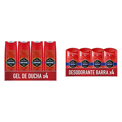 Old Spice Captain Gel de Ducha y Champú, para Hombres, 400 ml, PACK X4 & PACK X4 Captain Desodorante en Barra para Hombres, 50 ml