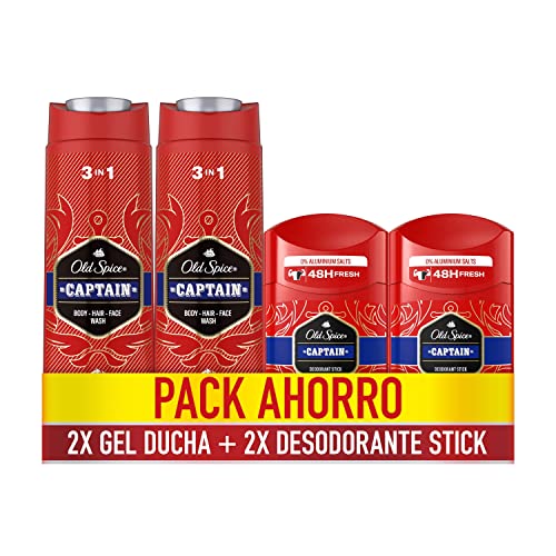Pack Ahorro Old Spice Captain Gel De Baño Y Champú Para Hombres, 3 En 1, 2x400ml + Desodorante En Barra, 2x50ml